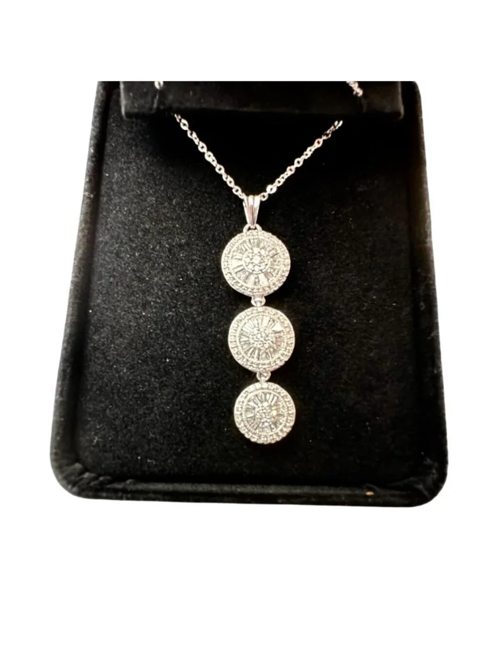 Outrageous 14K White Gold Triple Baguette Round Diamond Cluster Pendant Necklace